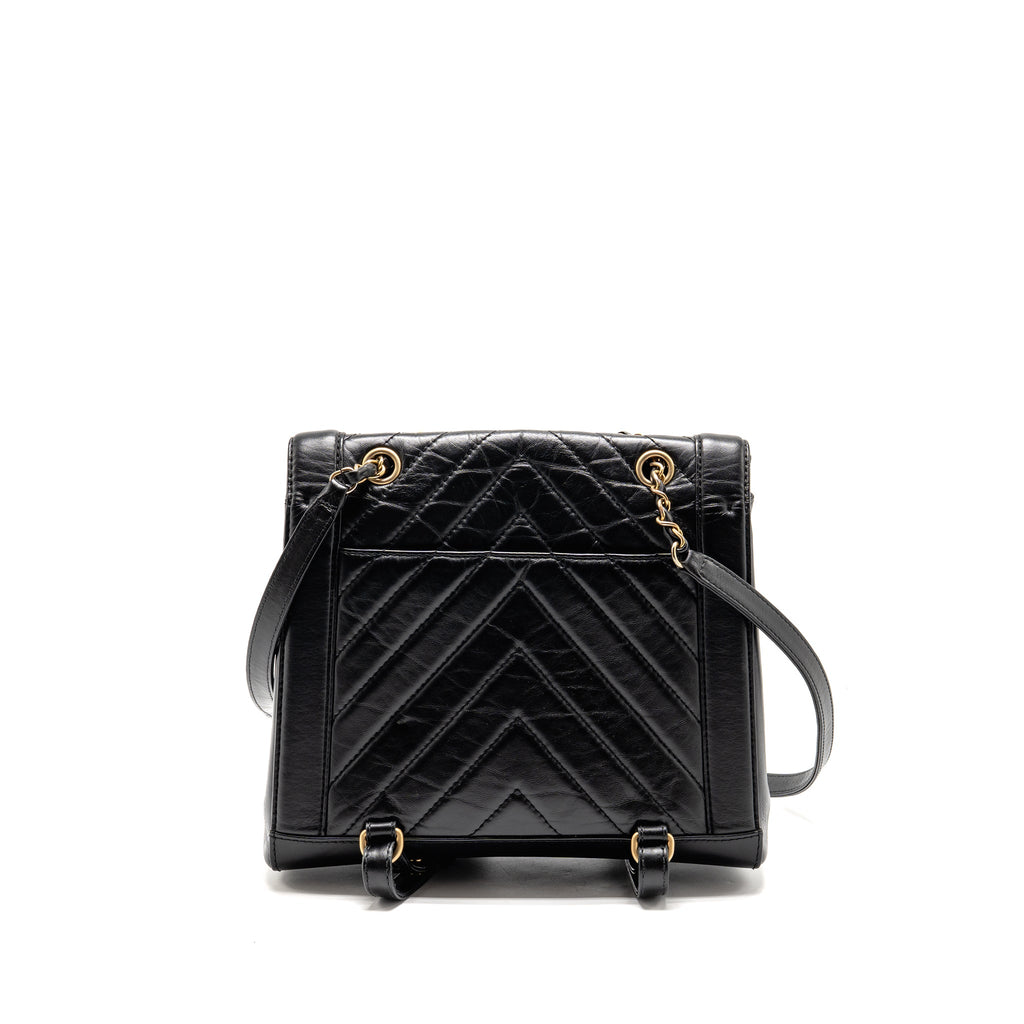 CHANEL CHEVRON FRAME QUILTED BACKPACK AGED CALFSKIN BLACK GHW