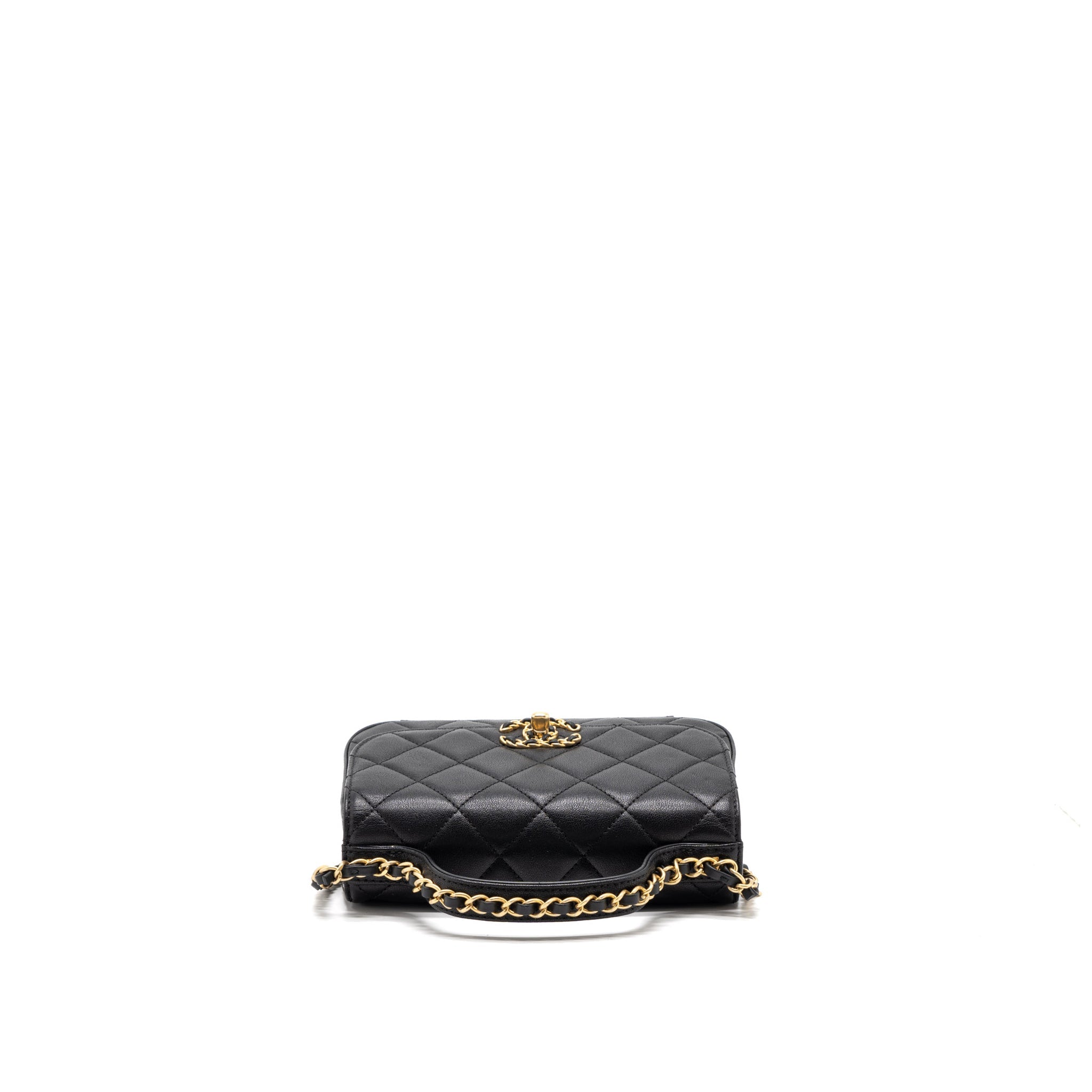 CHANEL TOP HANDLE FLAP BAG DETAILED LOGO GOATSKIN BLACK GHW