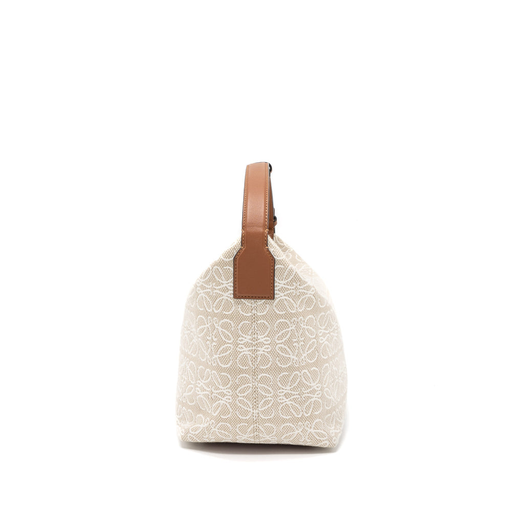 LOEWE MEDIUM CUBI ANAGRAM BAG TRIMMED LEATHER/JACQUARD CANVAS BEIGE/BROWN GHW