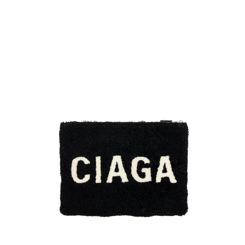 BALENCIAGA ZIP POUCH CLUTCH SHEARLING BLACK/ WHITE SHW