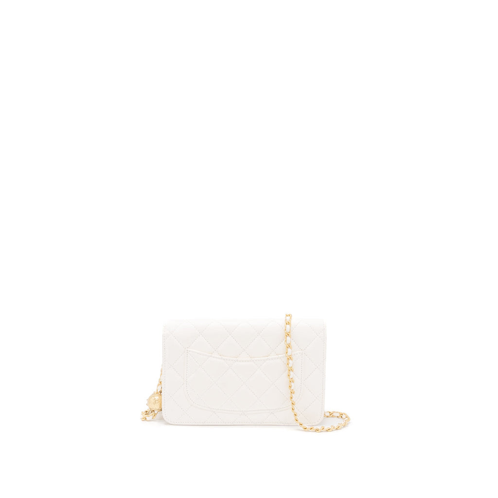 CHANEL PEARL CRUSH WALLET ON CHAIN LAMBSKIN WHITE BRUSHED GHW (MICROCHIP)