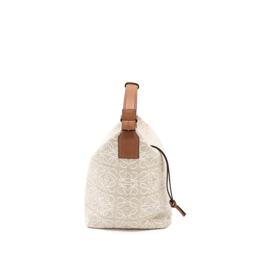 LOEWE MEDIUM CUBI ANAGRAM BAG TRIMMED LEATHER/JACQUARD CANVAS BEIGE/BROWN GHW