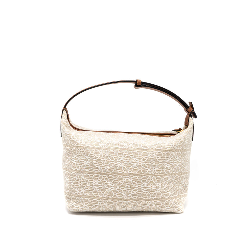 LOEWE MEDIUM CUBI ANAGRAM BAG TRIMMED LEATHER/JACQUARD CANVAS BEIGE/BROWN GHW