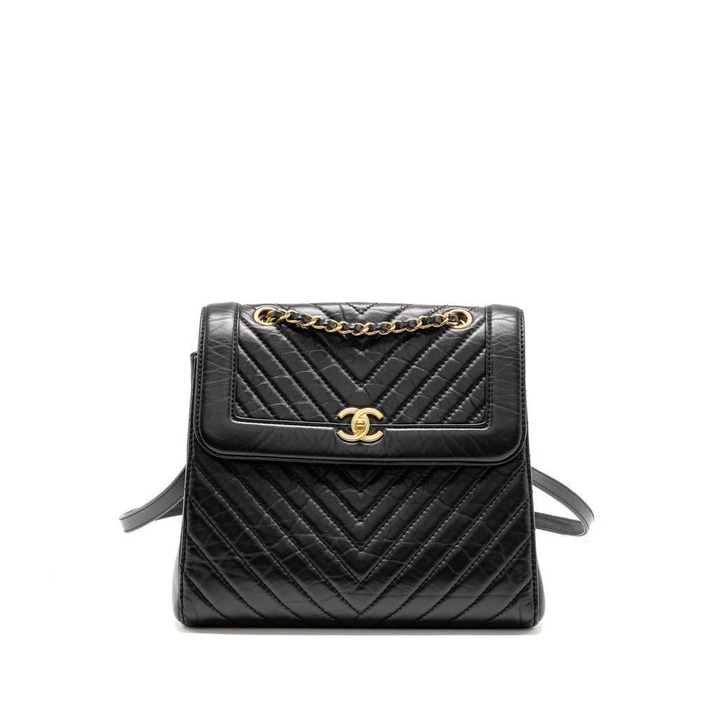 CHANEL CHEVRON FRAME QUILTED BACKPACK AGED CALFSKIN BLACK GHW