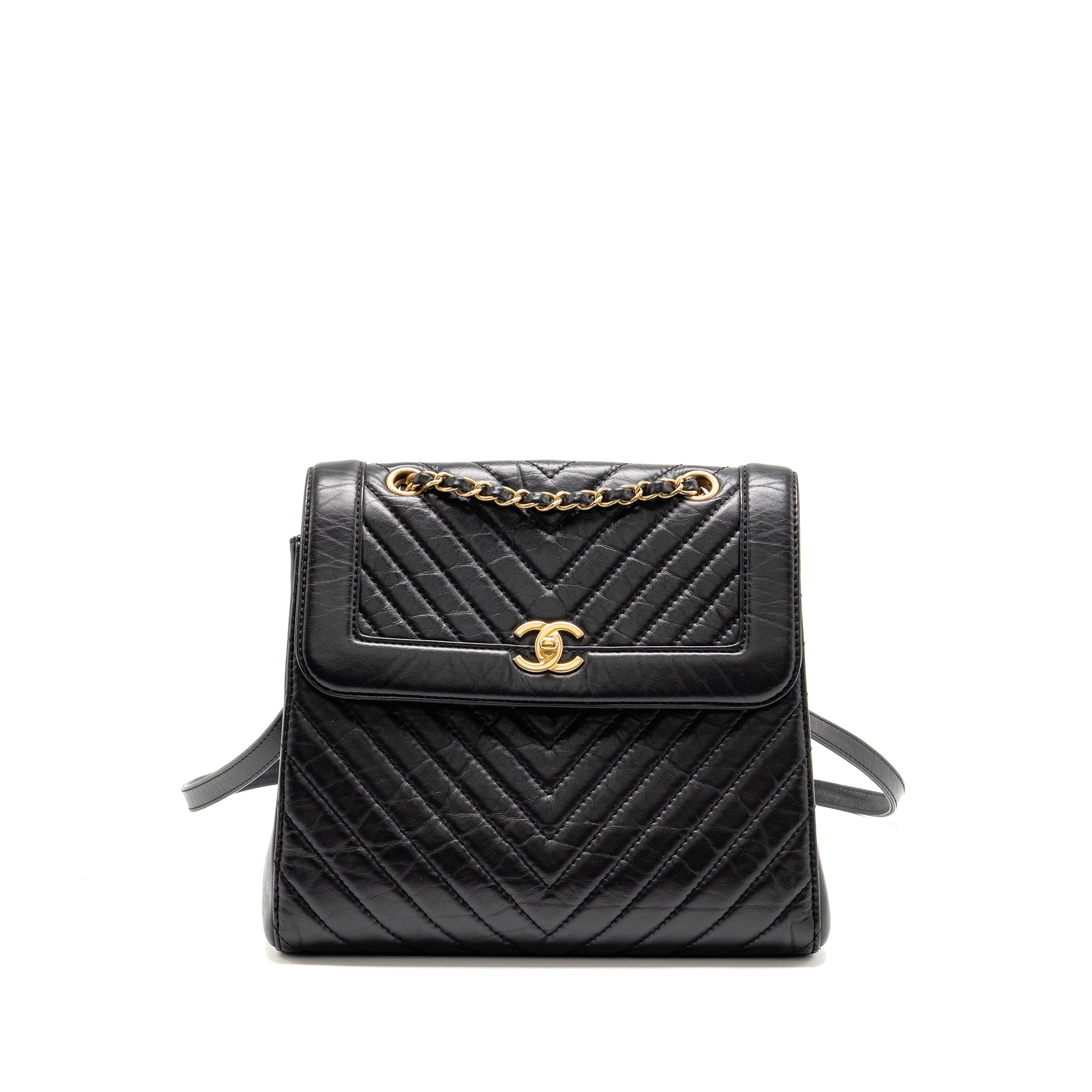 CHANEL CHEVRON FRAME QUILTED BACKPACK AGED CALFSKIN BLACK GHW