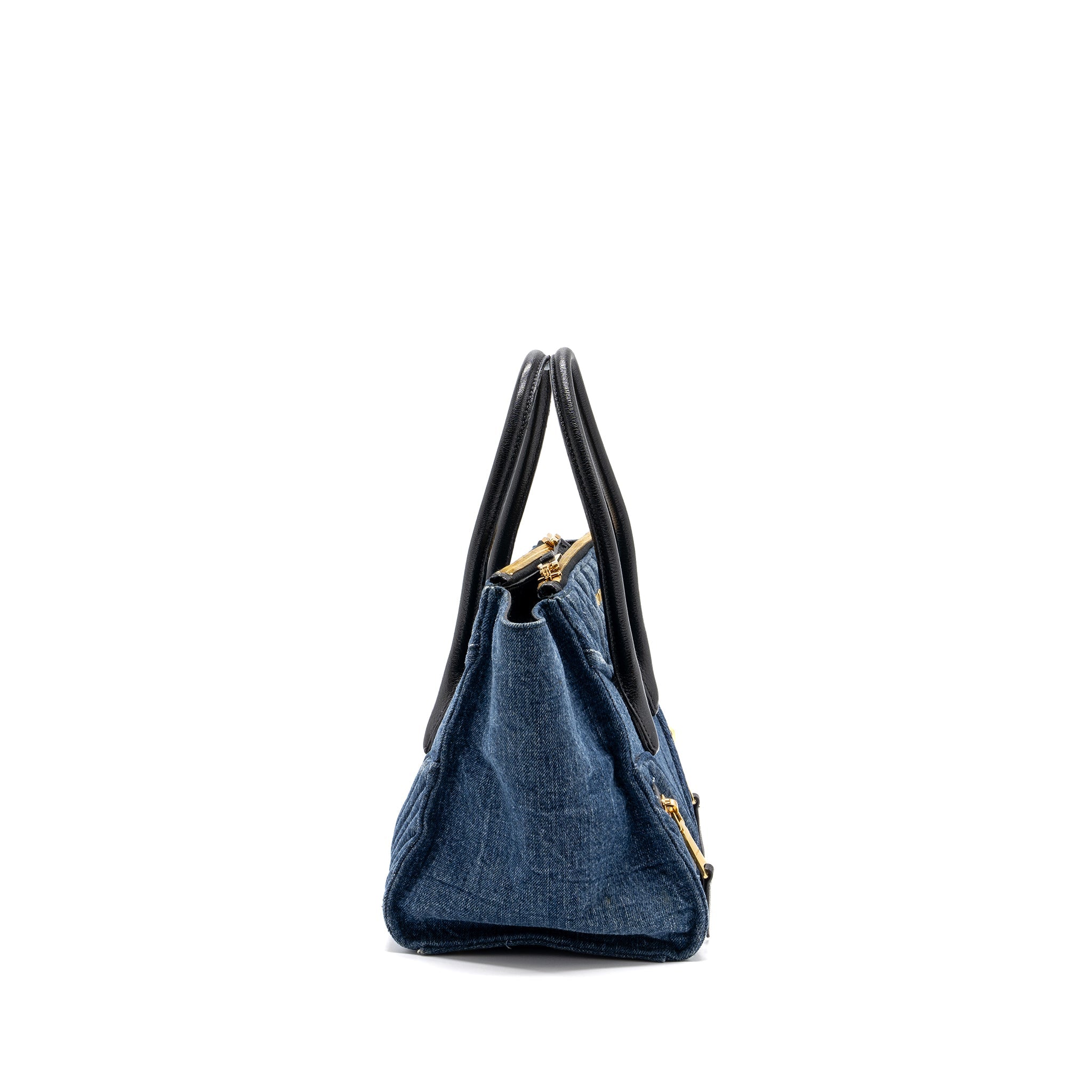 MIUMIU SMALL BIKER TOP HANDLE SATCHEL DENIM NAVY BLUE GHW