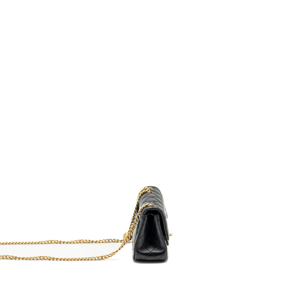 CHANEL CAMELLIA ADJUSTABLE CHAIN MINI SQUARE FLAP BAG LAMBSKIN BLACK GHW (MICROCHIP)