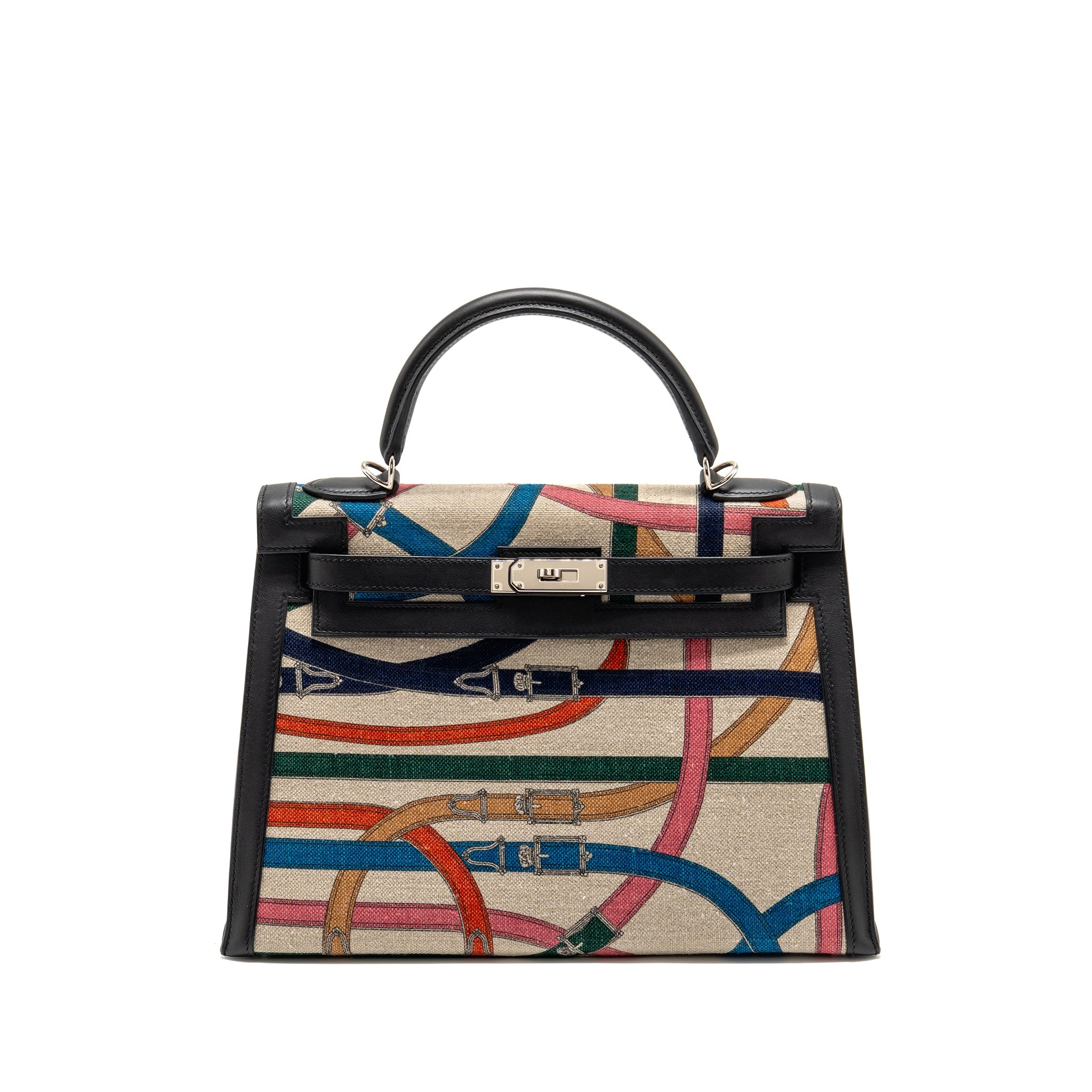 HERMES KELLY 32 LIMITED EDITION TOILE DE WASHED CANVAS / SWIFT LEATHER BLACK / CAVALCADOUR PRINT SHW