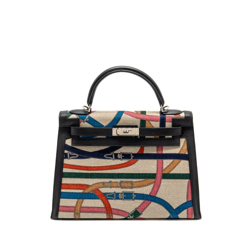 HERMES KELLY 32 LIMITED EDITION TOILE DE WASHED CANVAS / SWIFT LEATHER BLACK / CAVALCADOUR PRINT SHW