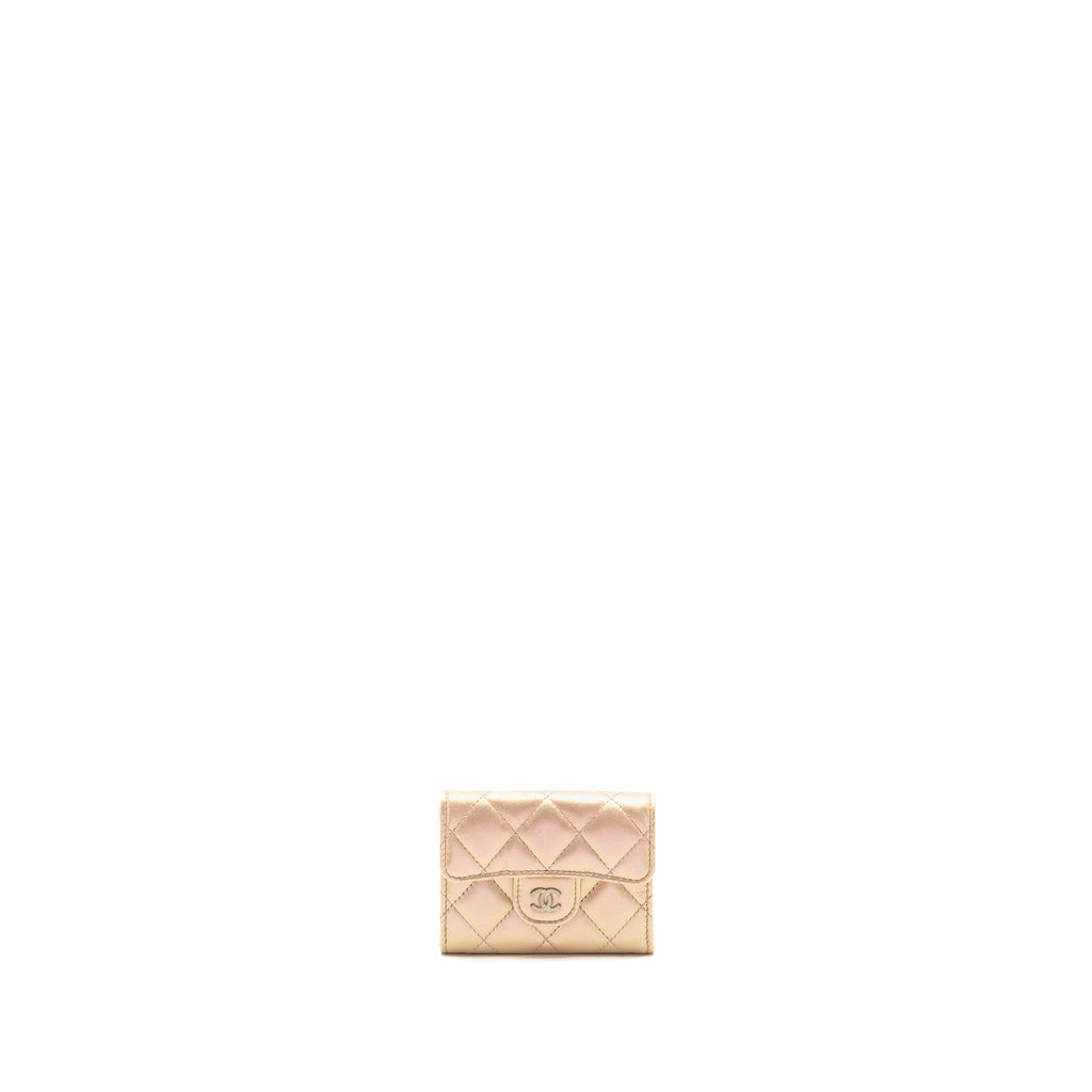 CHANEL QUILTED SMALL CLASSIC FLAP WALLET / CARD HOLDER CALFSKIN IRIDESCENT PINK SHW