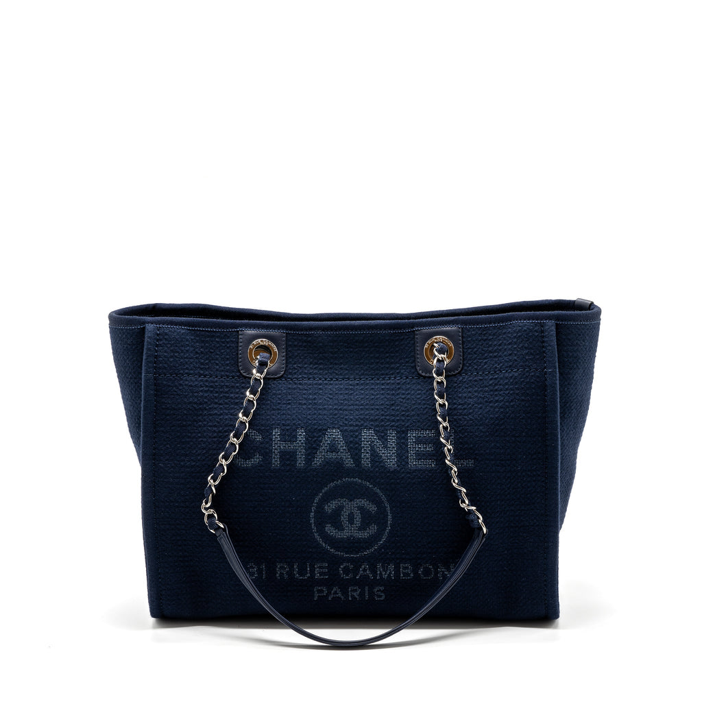 CHANEL DEAUVILLE TOTE BAG CANVAS NAVY SHW(MICROCHIP)