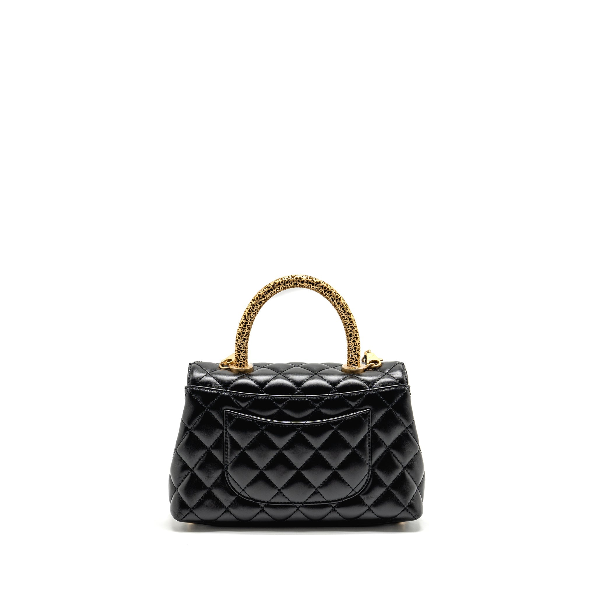 CHANEL DETAILED METAL HANDLE SMALL COCO HANDLE FLAP BAG CALFSKIN BLACK GHW (MICROCHIP)