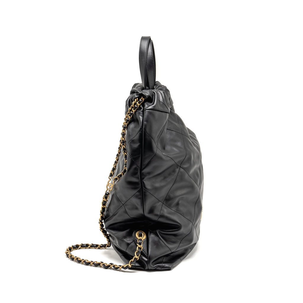 CHANEL 22 BACKPACK WHITE LETTER LOGO SHINY CALFSKIN BLACK GHW (MICROCHIP)