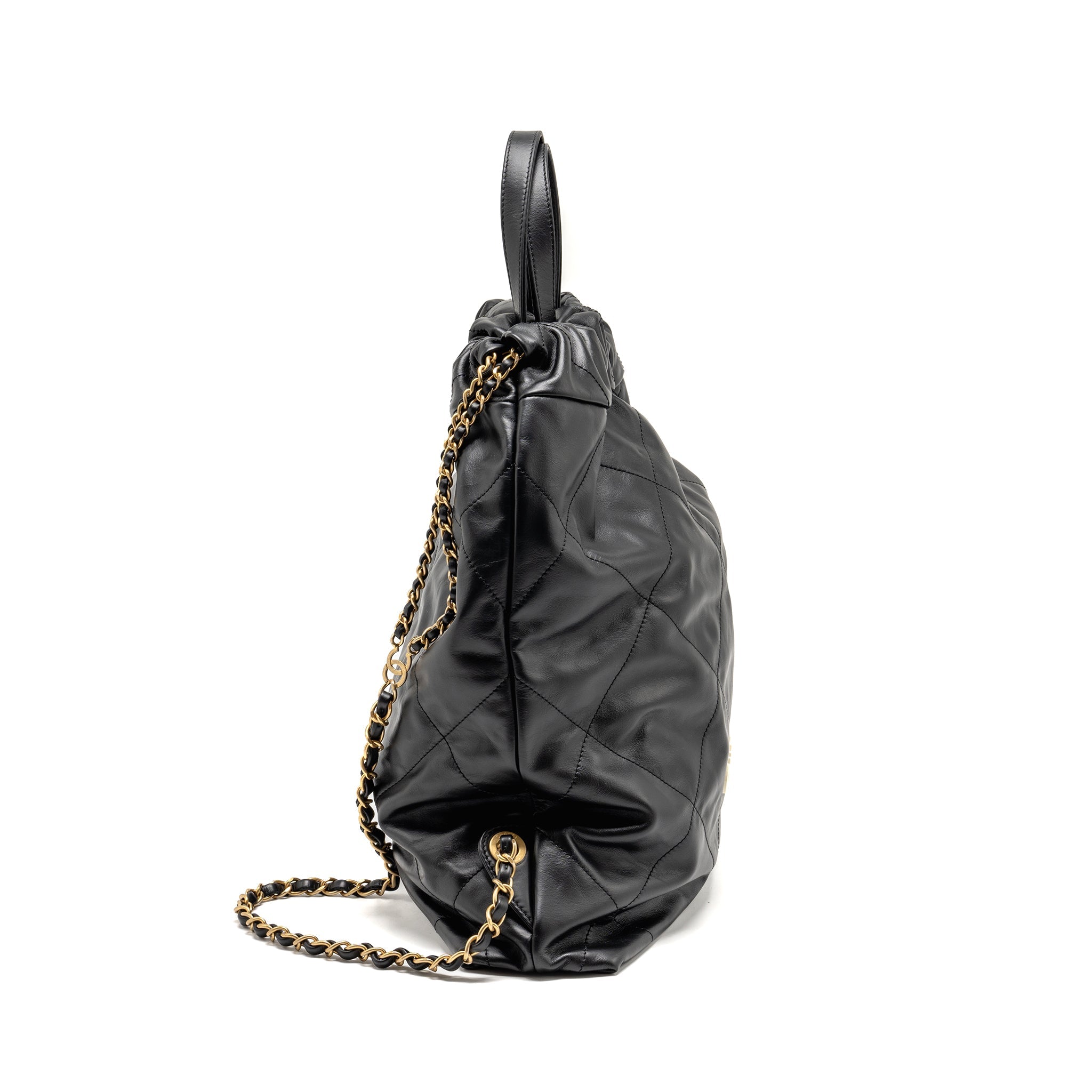 CHANEL 22 BACKPACK WHITE LETTER LOGO SHINY CALFSKIN BLACK GHW (MICROCHIP)