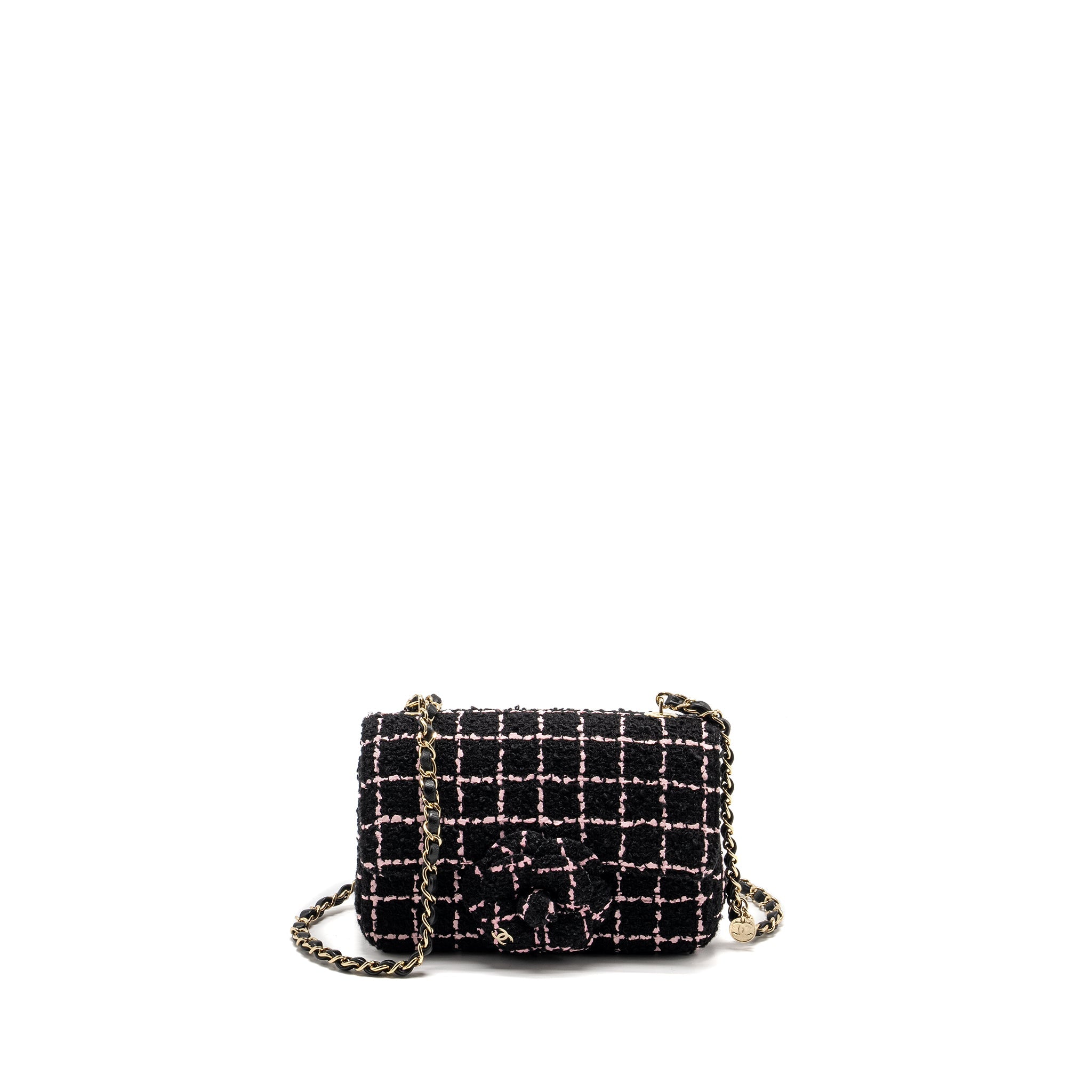 CHANEL 23K FLOWER BOMB MINI RECTANGULAR FLAP BAG TWEED BLACK / PINK LGHW (MICROCHIP)