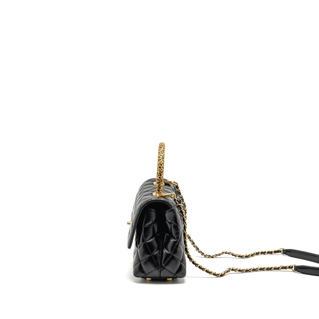 CHANEL DETAILED METAL HANDLE SMALL COCO HANDLE FLAP BAG CALFSKIN BLACK GHW (MICROCHIP)