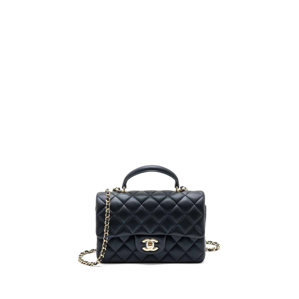 CHANEL 22A TOP HANDLE MINI RECTANGULAR FLAP BAG LAMBSKIN DARK BLUE LGHW(MICROCHIP)