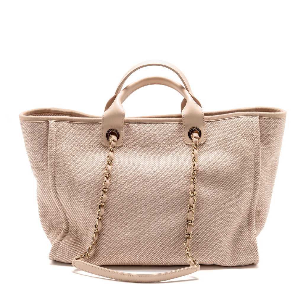 CHANEL LARGE DEAUVILLE TOTE SHOPPING BAG CANVAS/CALFSKIN LIGHT PINK LGHW