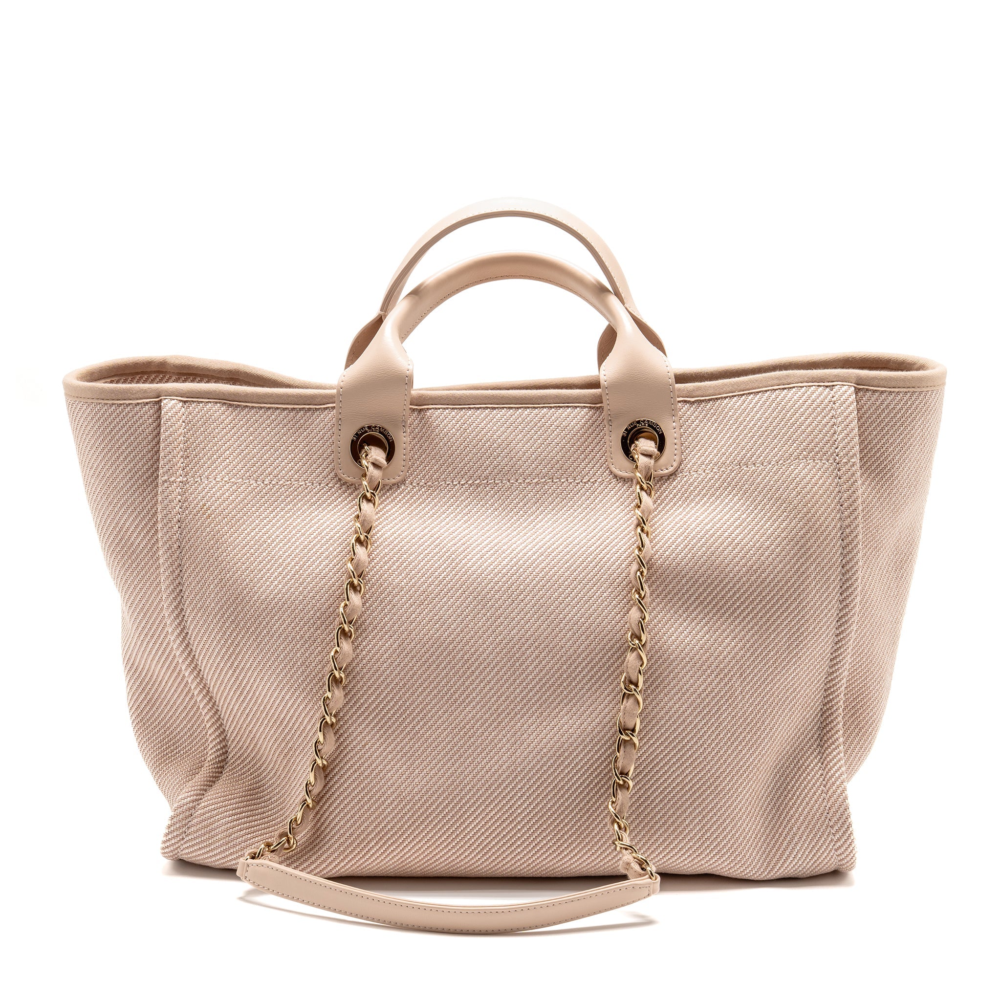 CHANEL LARGE DEAUVILLE TOTE SHOPPING BAG CANVAS/CALFSKIN LIGHT PINK LGHW