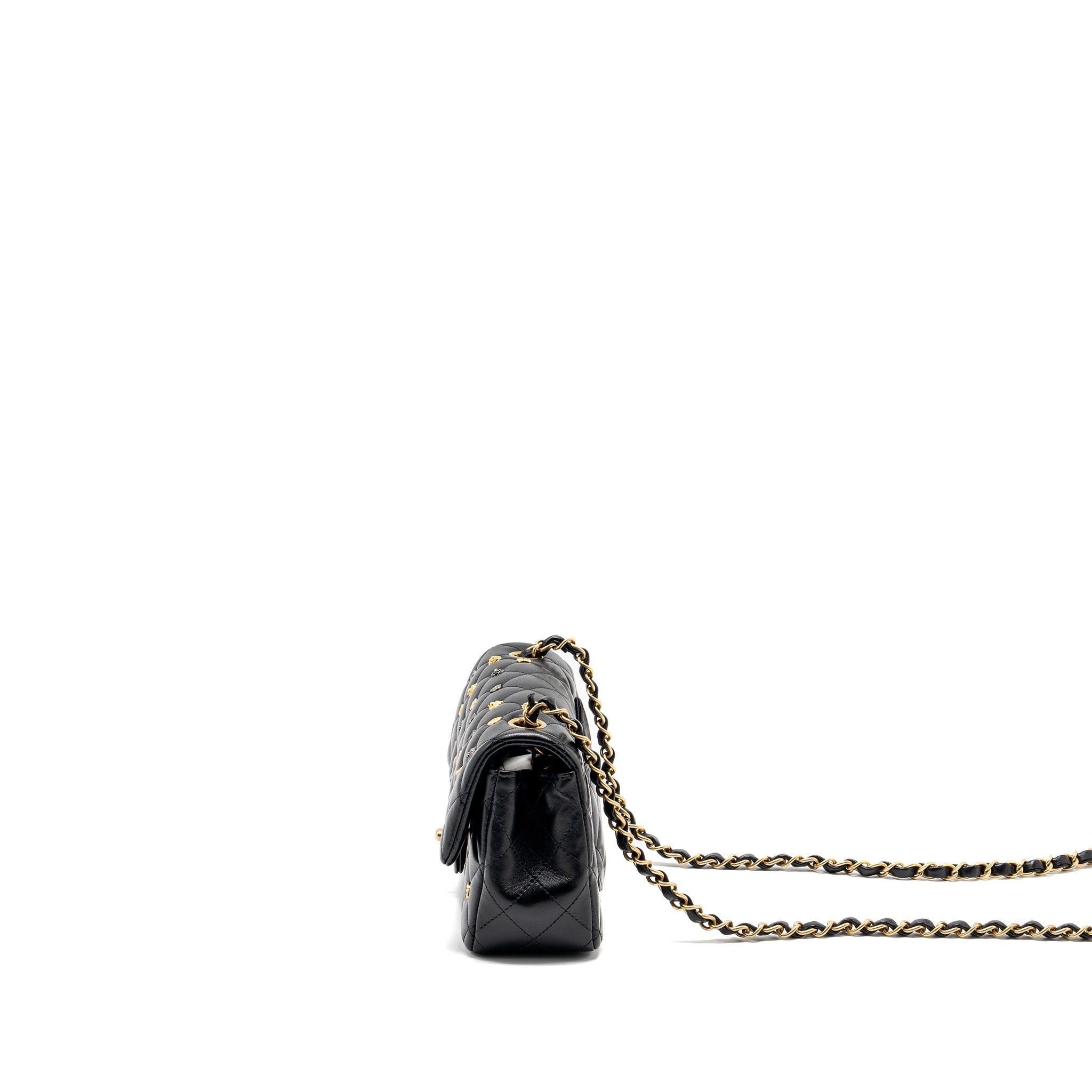 CHANEL MINI RECTANGULAR FLAP BAG CHARMS LIMITED EDITION LAMBSKIN BLACK SILVER/GOLD HARDWARE