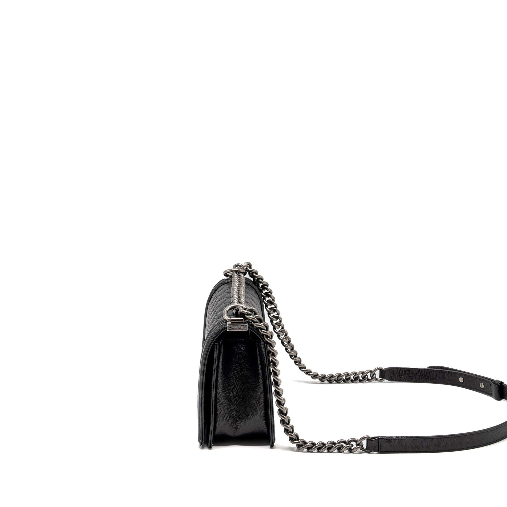 CHANEL MEDIUM BOY BAG CAVIAR BLACK RUTHENIUM HARDWARE (MICROCHIP)