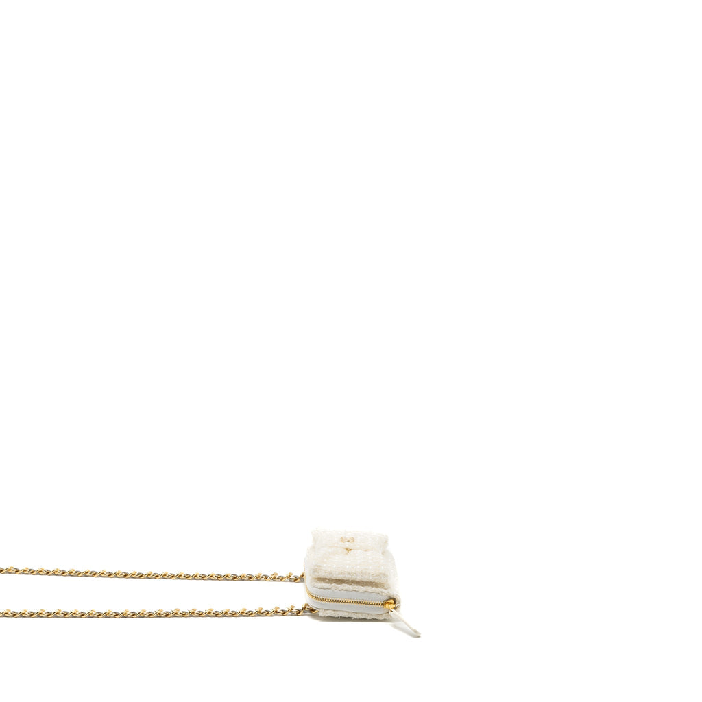 CHANEL MINI BOW CARD HOLDER WITH CHAIN TWEED WHITE LGHW(MICROCHIP)
