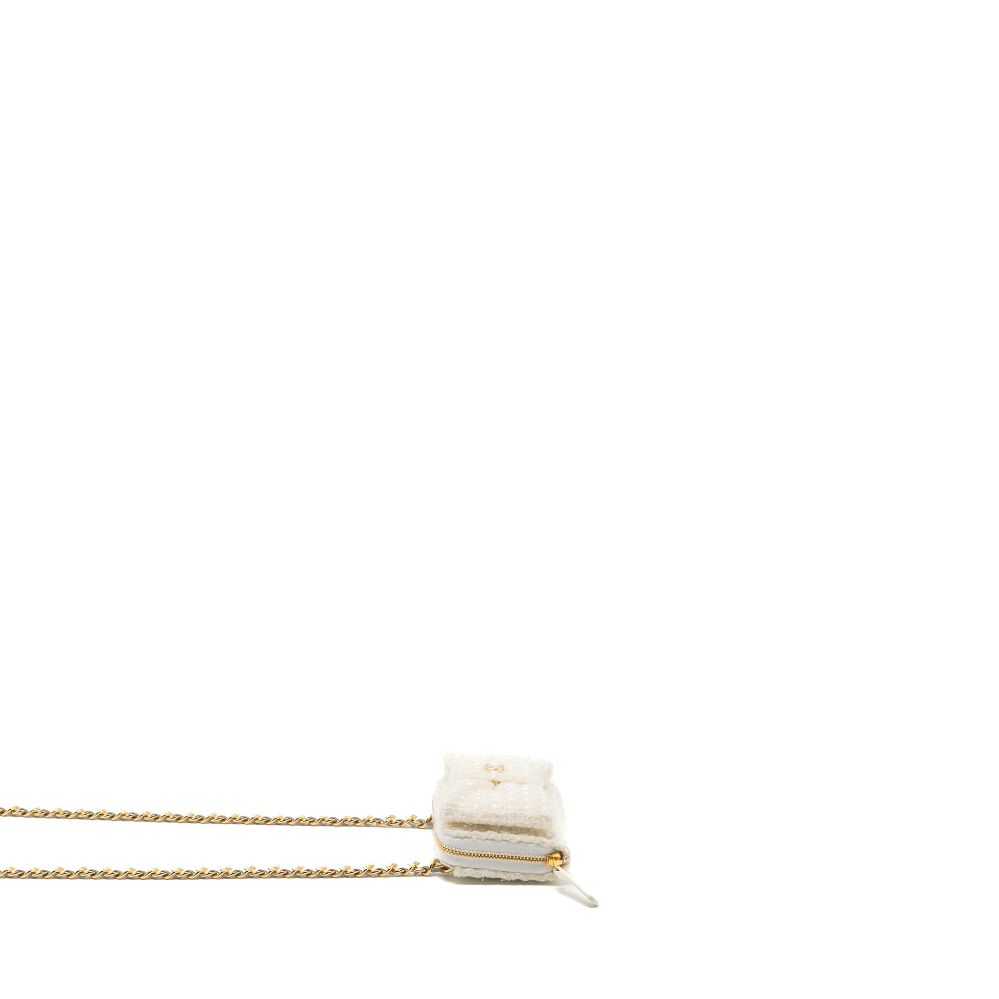 CHANEL MINI BOW CARD HOLDER WITH CHAIN TWEED WHITE LGHW(MICROCHIP)