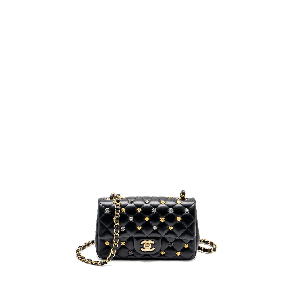 CHANEL MINI RECTANGULAR FLAP BAG CHARMS LIMITED EDITION LAMBSKIN BLACK SILVER/GOLD HARDWARE