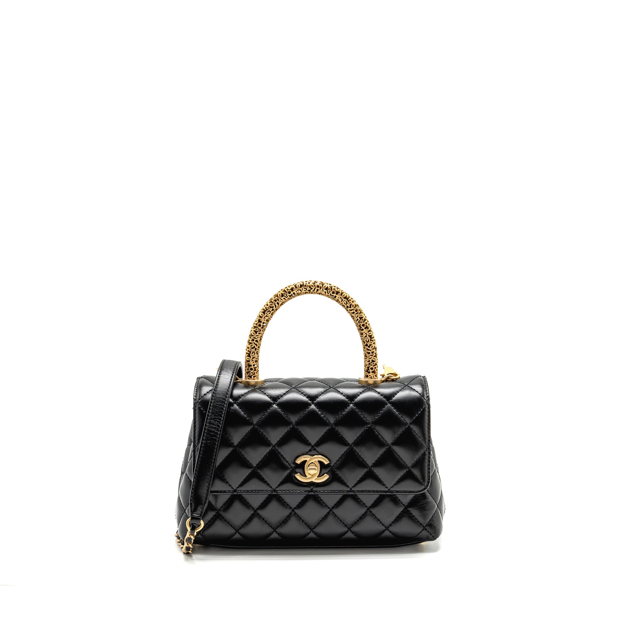 CHANEL DETAILED METAL HANDLE SMALL COCO HANDLE FLAP BAG CALFSKIN BLACK GHW (MICROCHIP)
