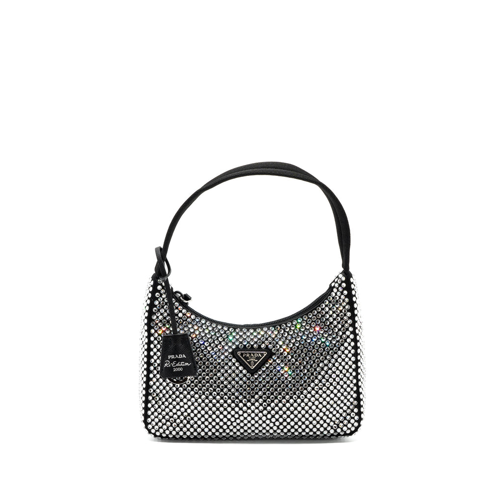 PRADA REEDITION 2000 MINI BAG SATIN WITH CRYSTAL BLACK SHW
