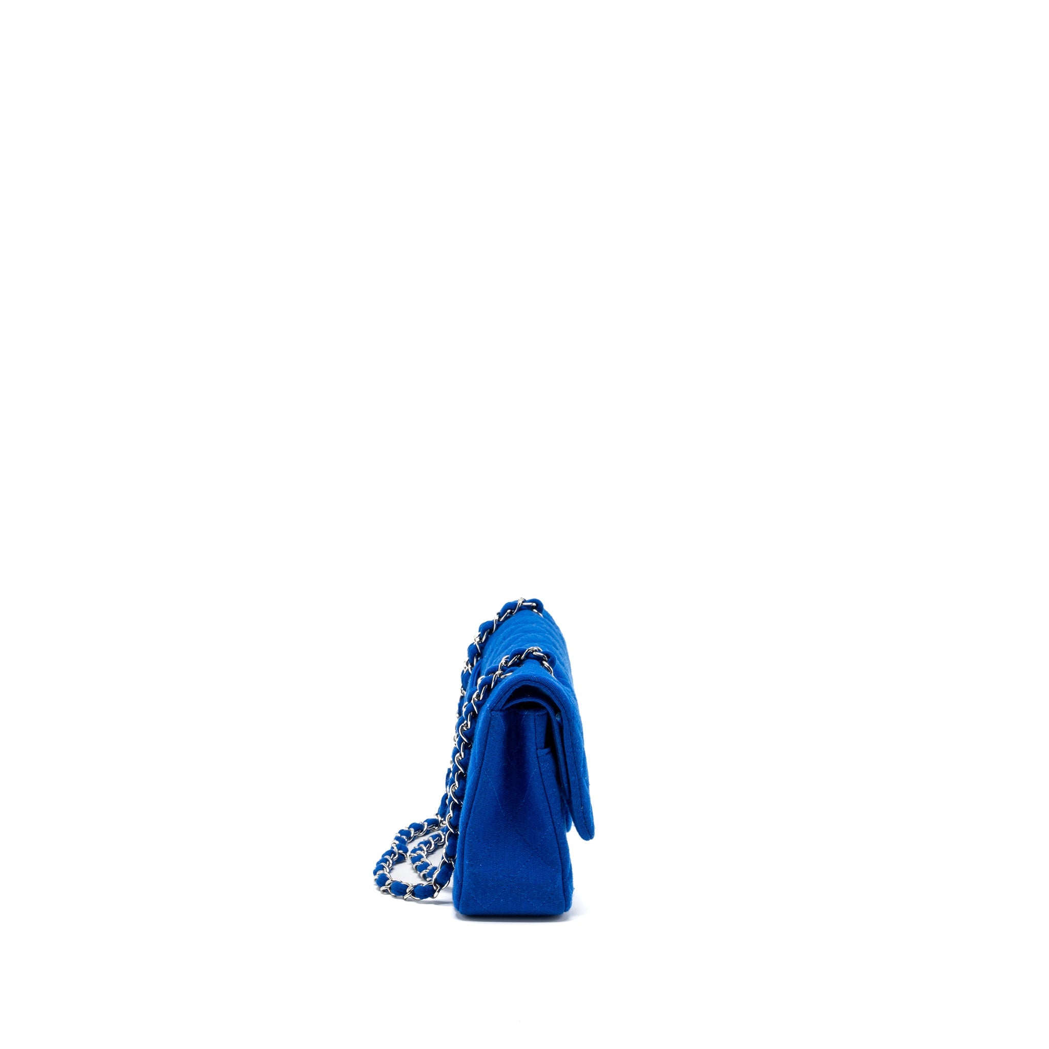 CHANEL MEDIUM CLASSIC DOUBLE FLAP BAG FABRIC BLUE SHW