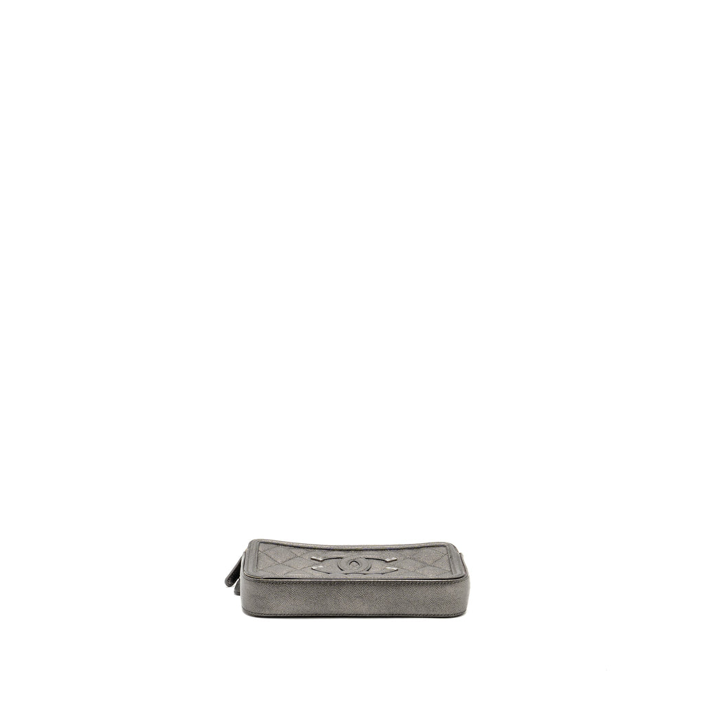 CHANEL CC FILIGREE DOUBLE ZIP CLUTCH WITH CHAIN CAVIAR GREY SHW