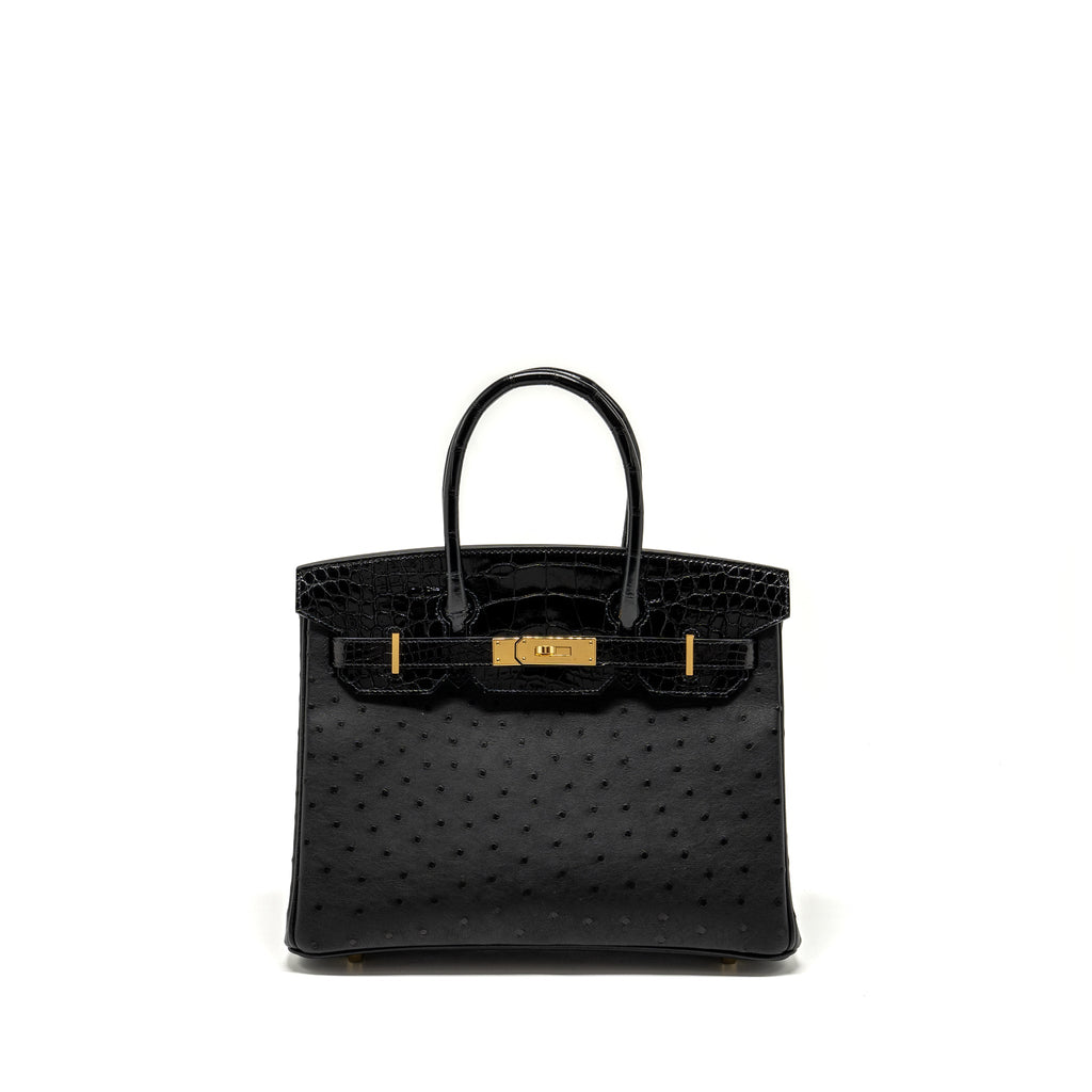 HERMES BIRKIN 30 SHINY ALLIGATOR MISSISSIPPIENSIS TOUCH / OSTRICH BLACK GHW