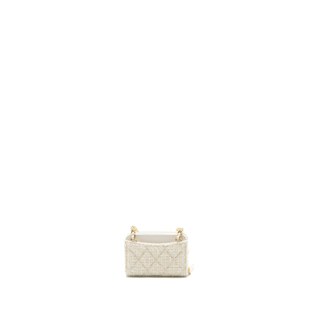 CHANEL MINI BOW CARD HOLDER WITH CHAIN TWEED WHITE LGHW(MICROCHIP)