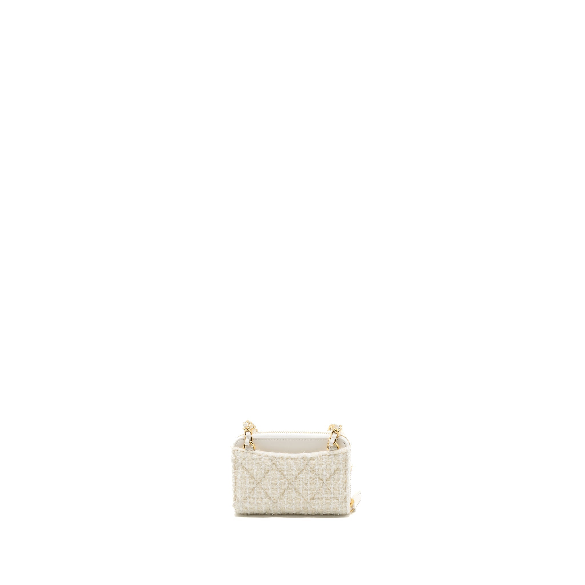 CHANEL MINI BOW CARD HOLDER WITH CHAIN TWEED WHITE LGHW(MICROCHIP)