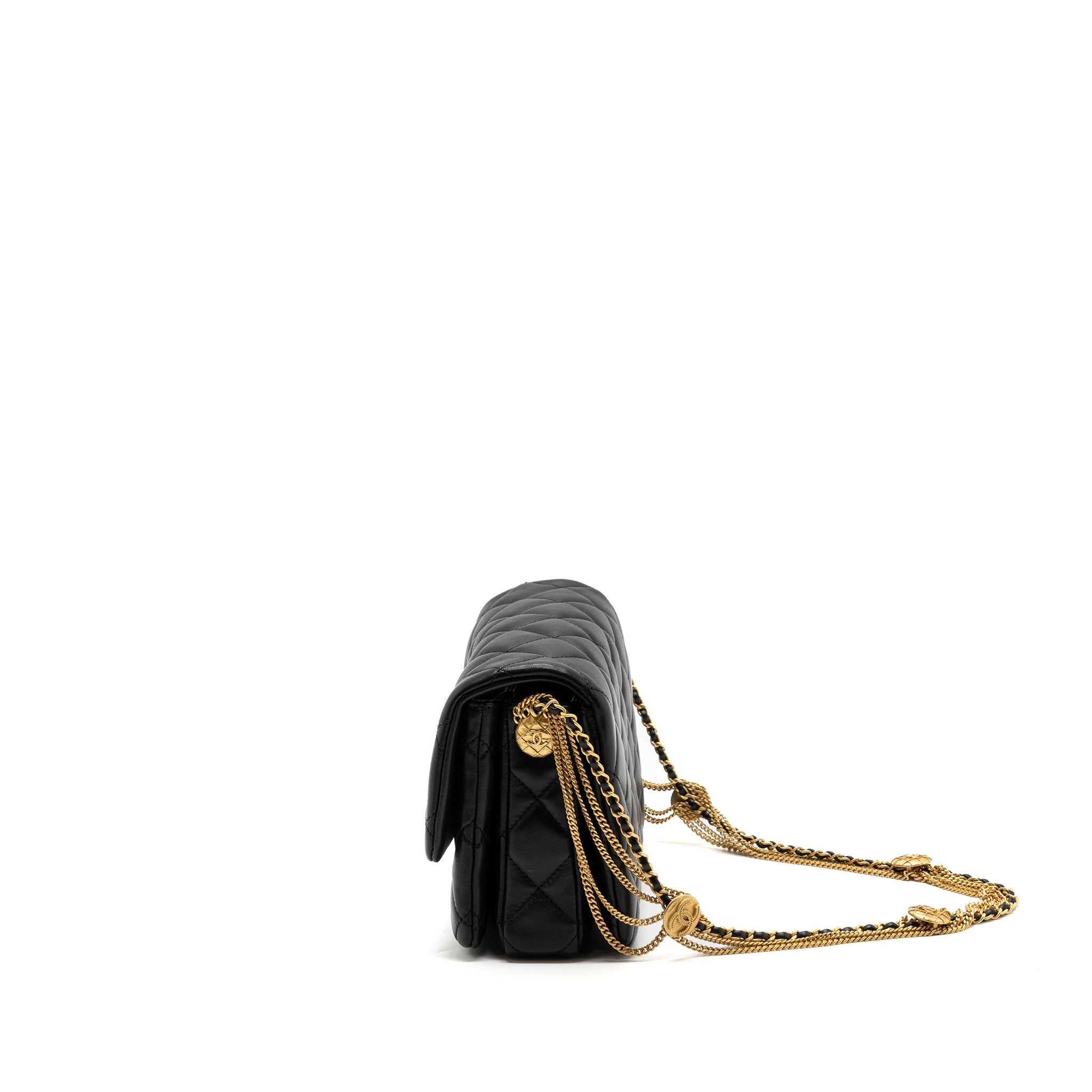 CHANEL 22A BUTTON ON CHAIN FLAP SHOULDER BAG LAMBSKIN BLACK BRUSHED GHW(MICROCHIP)