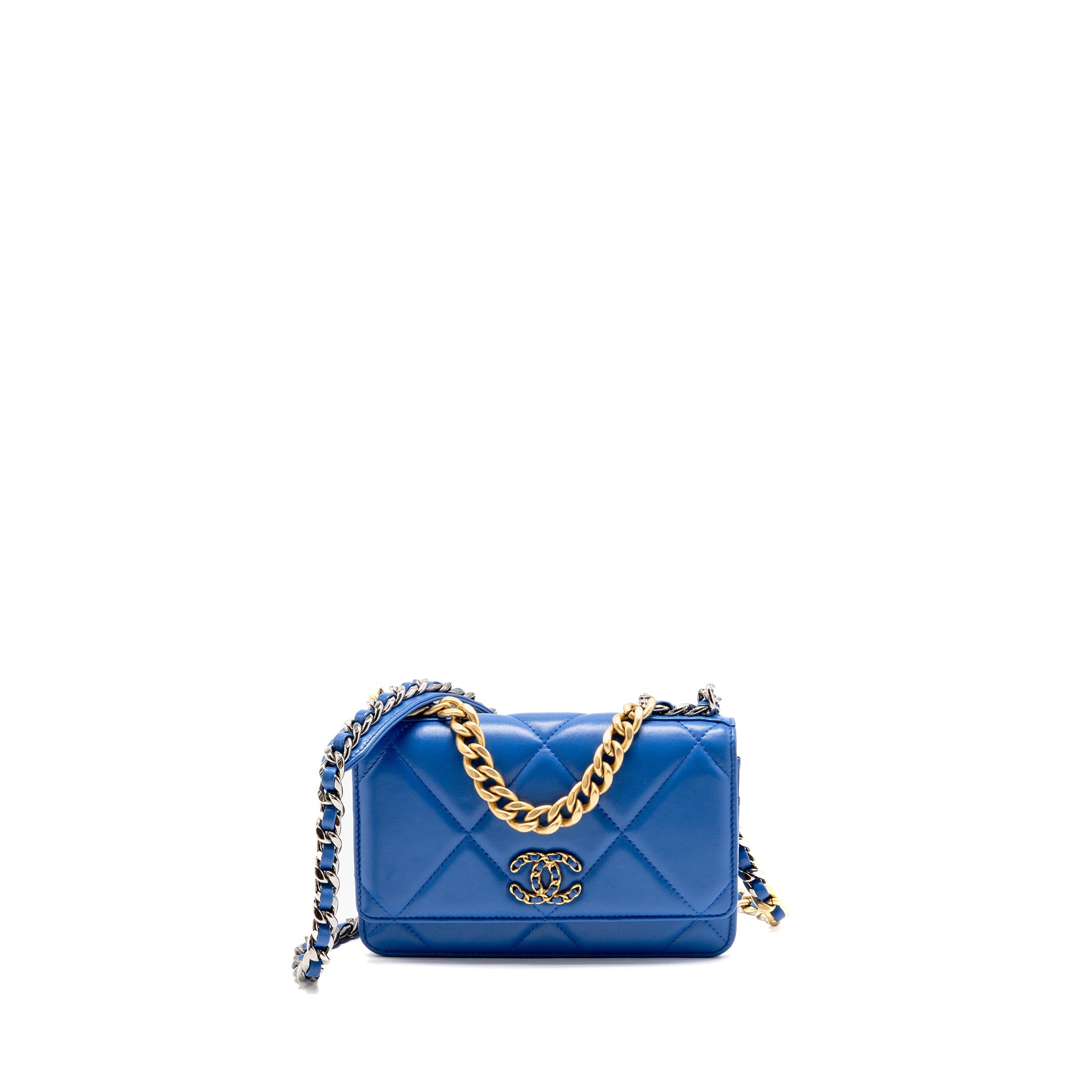 CHANEL 19 WALLET ON CHAIN LAMBSKIN BLUE MULTICOLOUR HARDWARE