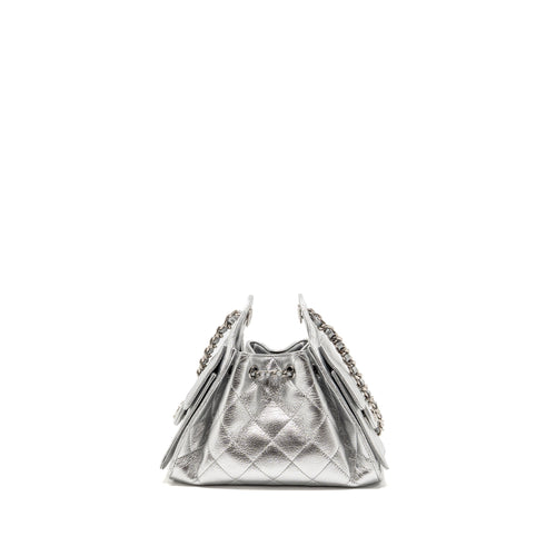 CHANEL MINI 25 BAG METALLIC GRAINED CALFSKIN SILVER SHW (MICROCHIP)