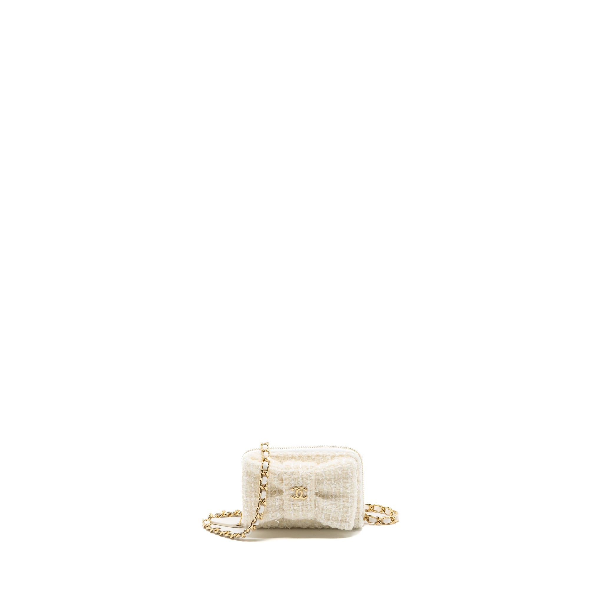 CHANEL MINI BOW CARD HOLDER WITH CHAIN TWEED WHITE LGHW(MICROCHIP)