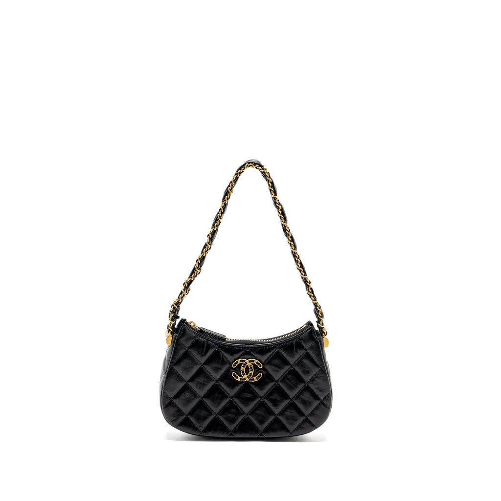 CHANEL 23K SMALL HOBO SHOULDER BAG CALFSKIN BLACK GHW (MICROCHIP)