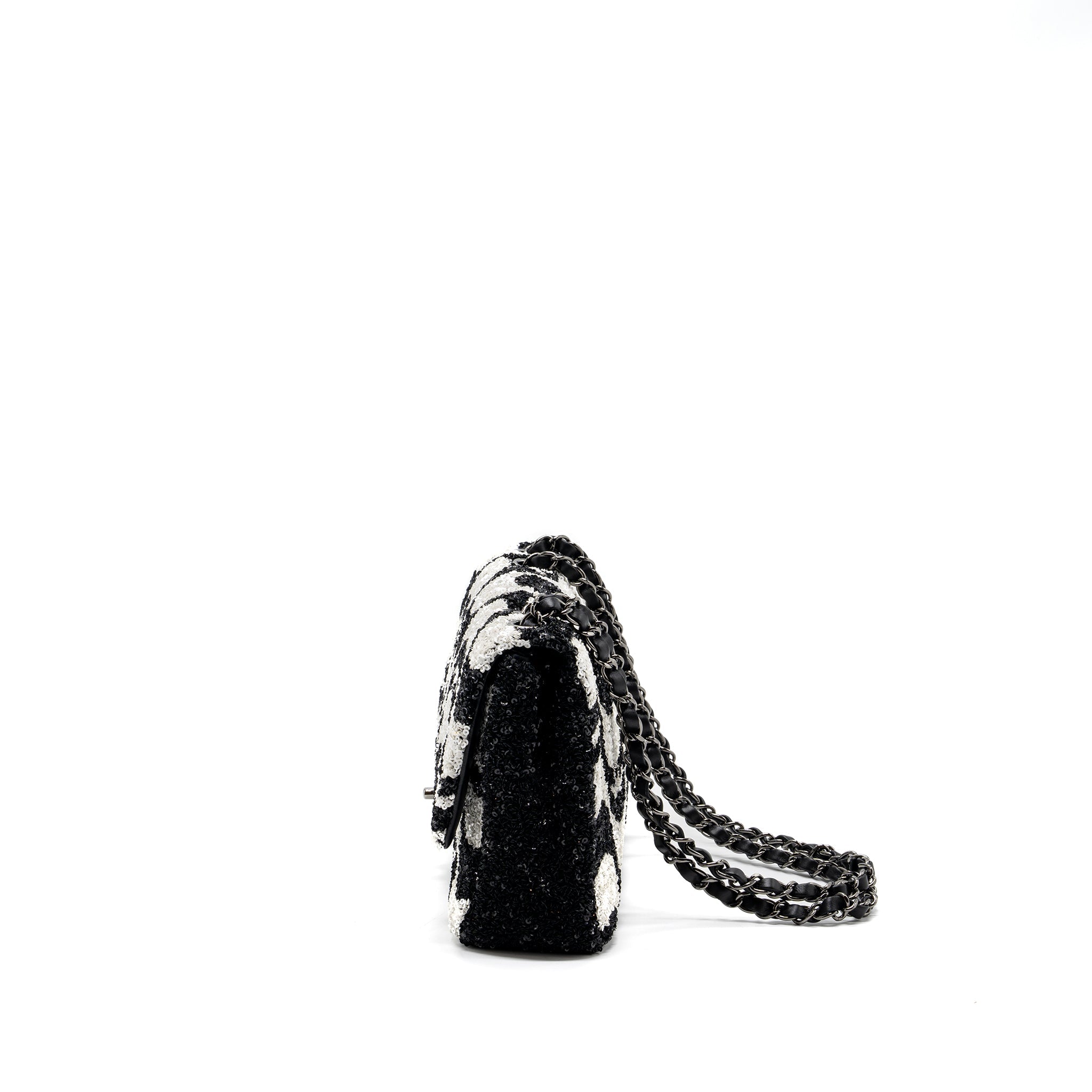CHANEL 21P LIMITED EDITION FLAP BAG SEQUINS/ SATIN BLACK/ WHITE SHW