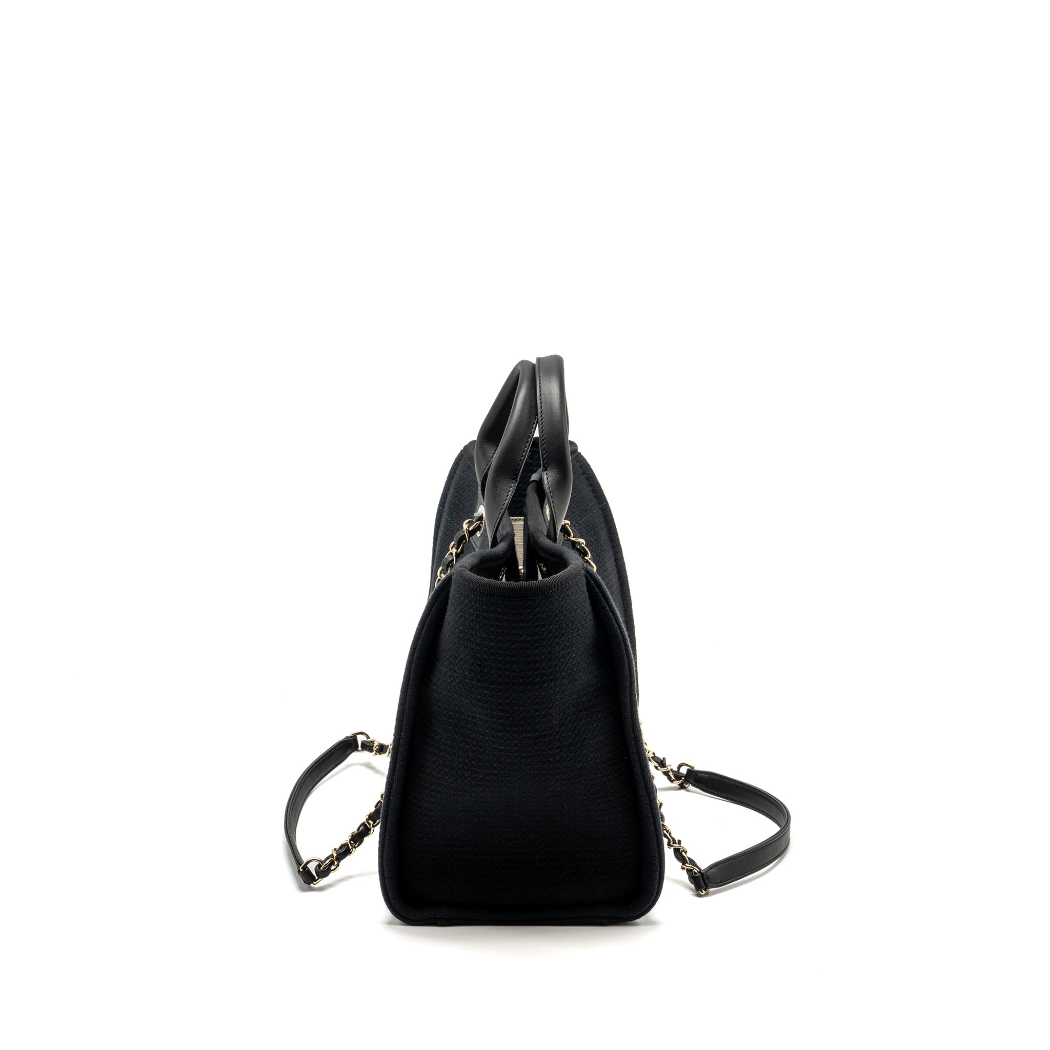 CHANEL SMALL DEAUVILLE SHOPPING TOTE BAG CALFSKIN/FABRIC BLACK LGHW (MICROCHIP)