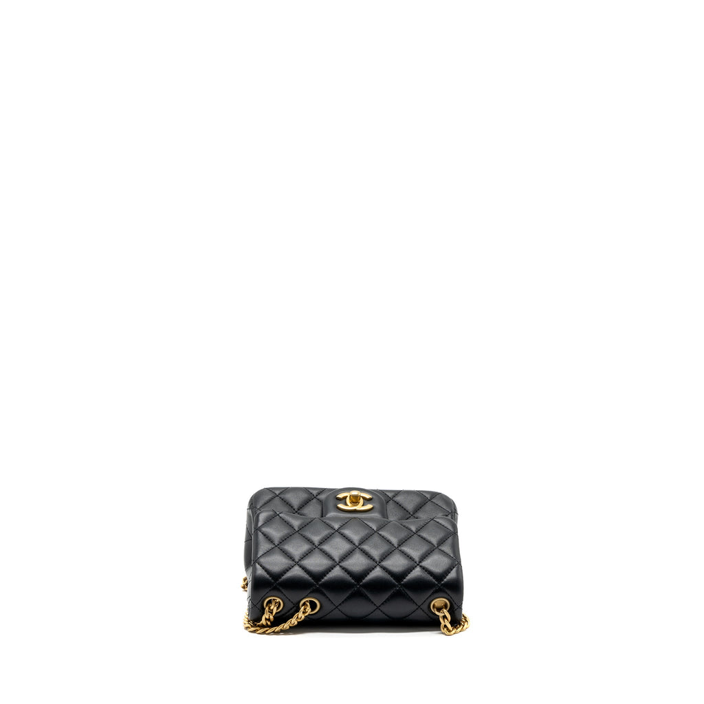 CHANEL CAMELLIA ADJUSTABLE CHAIN MINI SQUARE FLAP BAG LAMBSKIN BLACK GHW (MICROCHIP)