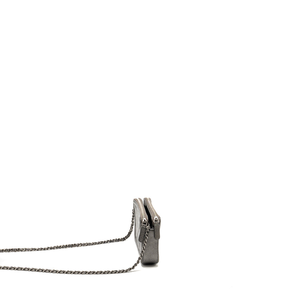CHANEL CC FILIGREE DOUBLE ZIP CLUTCH WITH CHAIN CAVIAR GREY SHW