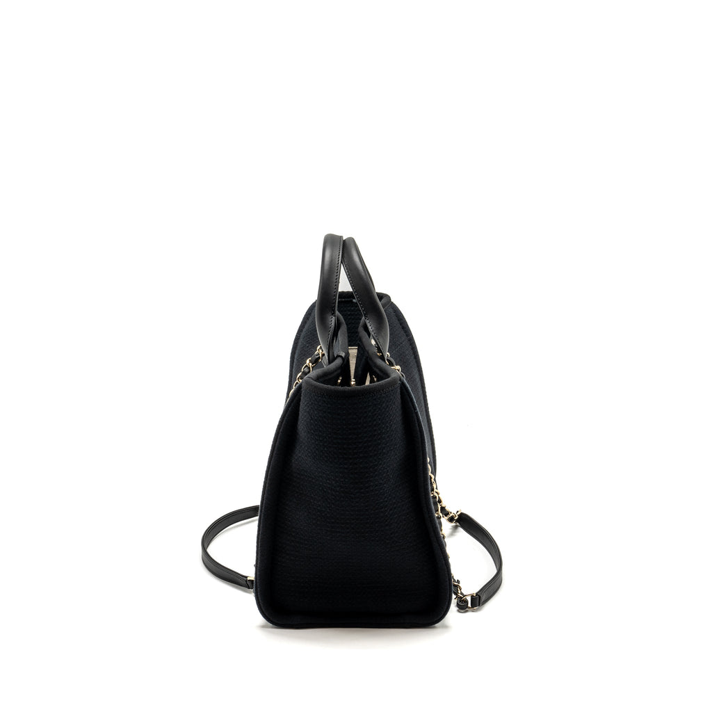 CHANEL SMALL DEAUVILLE SHOPPING TOTE BAG CALFSKIN/FABRIC BLACK LGHW (MICROCHIP)