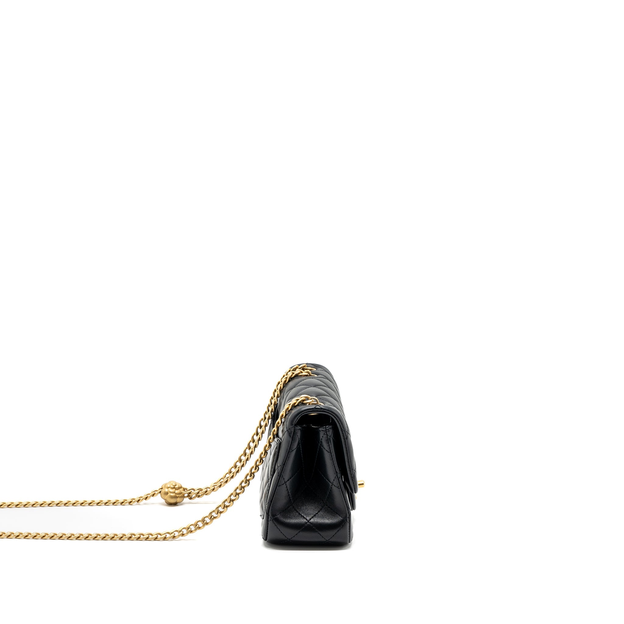 CHANEL CAMELLIA ADJUSTABLE CHAIN MINI SQUARE FLAP BAG LAMBSKIN BLACK GHW (MICROCHIP)