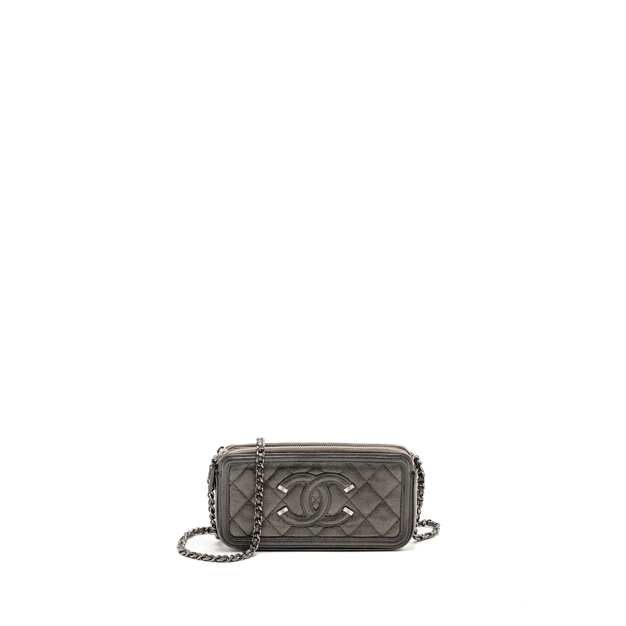 CHANEL CC FILIGREE DOUBLE ZIP CLUTCH WITH CHAIN CAVIAR GREY SHW