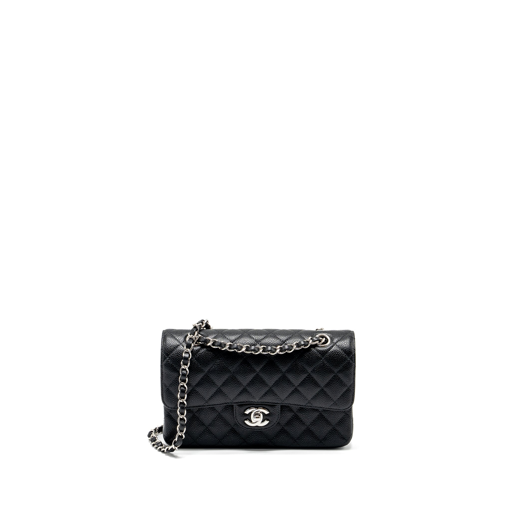 CHANEL SMALL CLASSIC DOUBLE FLAP BAG CAVIAR BLACK SHW (MICROCHIP)