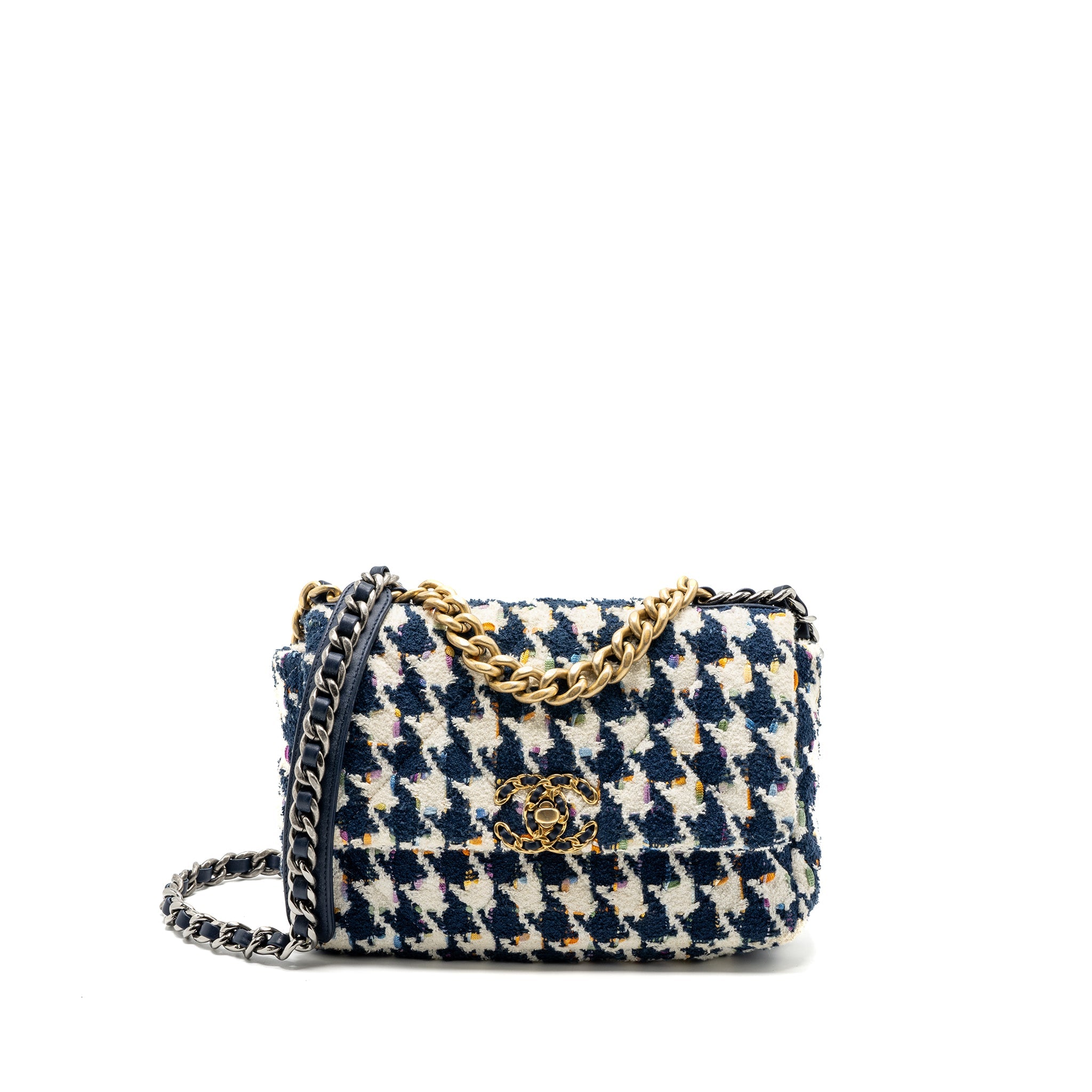 CHANEL SMALL 19 BAG FABRIC MULTICOLOUR BLUE / WHITE MULTICOLOUR HARDWARE