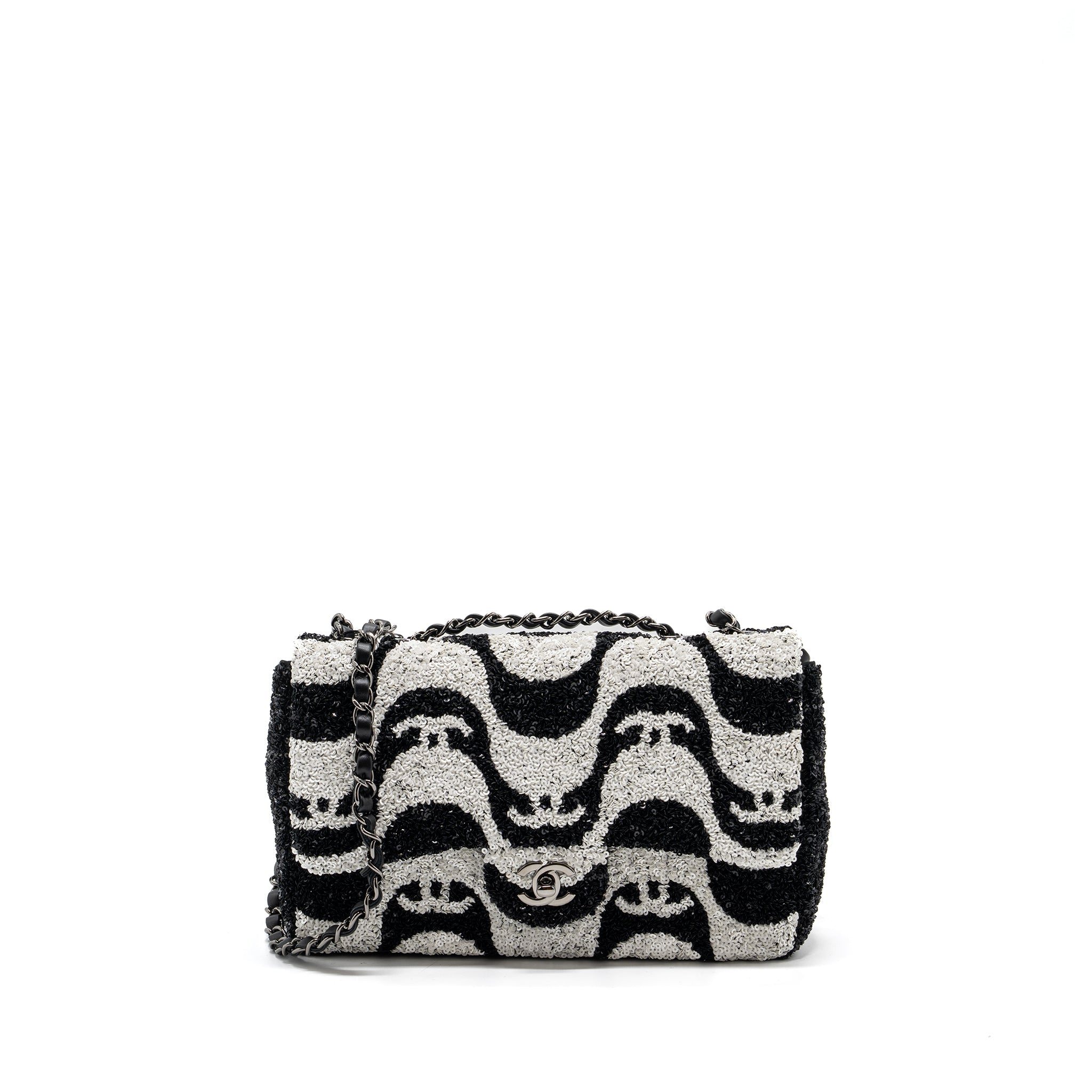 CHANEL 21P LIMITED EDITION FLAP BAG SEQUINS/ SATIN BLACK/ WHITE SHW
